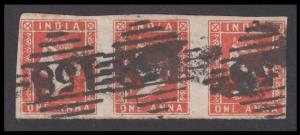 1854 1a red, strip of 3, cancelled by numeral "158" type 5 cancel with numeral 158, close 