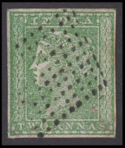 1854 2a x 2 green, close cut, used, Fine.
