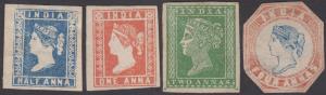 1854 ½a, 1a, 2a average to wide margins & 4a cut to shape, slight paper thinning at the ba