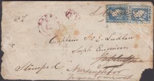 1854 ½a, lithograph x 2 on cover (one with major retouch all over) to Major Ludlow, Saugor