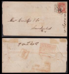 1856 cover franked with 1854 1a red, die I tied by "C/1" with trisected "MADRAS/1856 APR/1