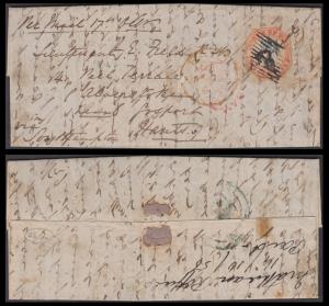 1856 folded entire to UK via Southampton franked with 4a 1st printing cut-to-shape tied by