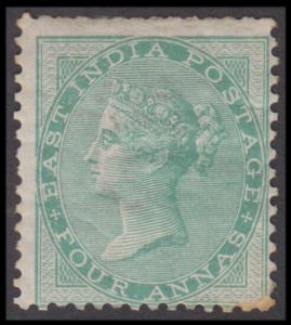 1865 EI QV 4a Green, SG 64, Yellowish to White Paper, wmk. Elephant Head, MNH, Gum Disturb
