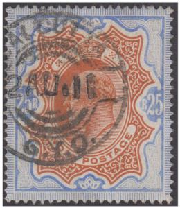 1909 KED VII 25R, SG 147, high value cancelled by neat "CALCUTTA" cds, cat £1700, Fine.