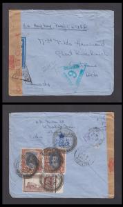 1940 Registered cover to Canada with Hong Kong censor and India censor label franked with 