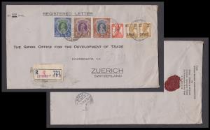 1946 Registered Air Mail cover franked with KGVI 5R, 2R, 1R, 2a & 3p on ½a pair to Switzer