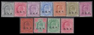 1905-11 KED VII complete set of 11 ovpt. C.E.F., SG C11-22, MLH, cat £93, Fine.