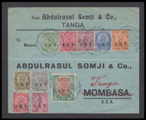 1917 Cover from Tanga franked with KGV 10 values ovpt. I.E.F., ½a to 1R, tied by "F.P.O. N