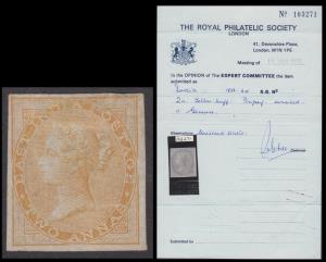 1856-64 QV 2a yellow-buff, IMPERF, SG 42a, cat for pair £3500, RPSL certificate 1978, Fine