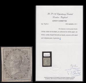 1856-64 QV 4a black, on yellowish to white paper, no wmk, variety Imperf, SG 45b, unused, 