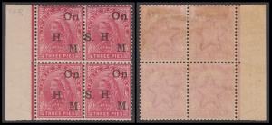 1883-1899 Official, QV 3p, carmine, ovpt. ”On H.M.S.”, star Wmk, SG O37a, variety ”Misplac