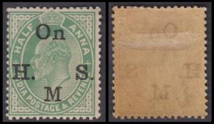 1906 Official, KED VII ½a, green, ovpt. ”On H.M.S.”, SG O66a, variety ”No stop after M”, h