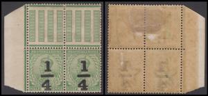 1922 KGV ¼ surcharge on ½a, SG195c, variety Slanting serif on "1", upper gutter marginal p