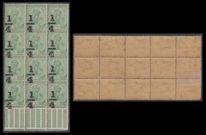 1922 KGV ½a, ovpt. ¼a, block of 12 with gutter at bottom, SG 194, misplaced overprint vari