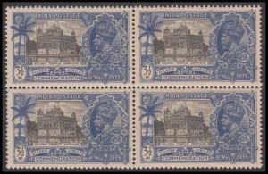 1935 KG V Silver Jubilee 3 ½, SG 245a, blk/4, variety: bird flaw in lower right stamp, £37