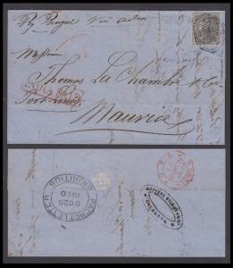 1860 Folded letter from Calcutta 29 Aug. via Aden to Mauritius 20 Oct. 4A paid the single 