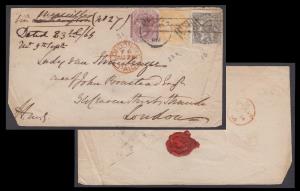 1865 cover "No.27" to UK franked 6a8p tied by "POONA/52" Cooper type 4j duplex, manuscript