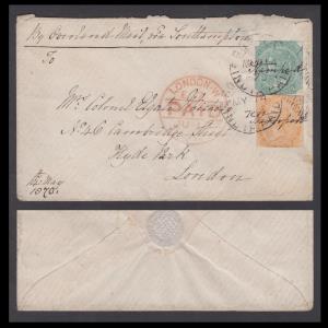 1870 cover to UK via Southampton franked with East India 2a orange and 4a green die I, bot
