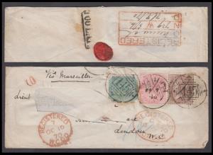 1870 registered cover (address portion removed) to UK via Marseilles franked with East Ind