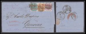 1873 single weight paid letter from Calcutta, via Bombay, via Brindisi 17 Nov, to Genova I