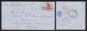 1875 cover to UK via Brindisi franked with 8a die II, tied by "ABBOTTABAD"/"I/L-6" duplex,