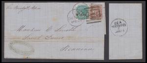 1876 folded letter from Calcutta 21 Dec via Bombay 11 Jan to Reunion (no arrival date stam