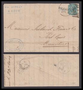 1878 folded letter from Calcutta 2 Apr, via Bombay 8 Apr, via Aden to Mauritius 3 May. 4A 