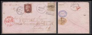1878 cover to UK franked with 6a tied by AGRA duplex and "STAMPED" additionally franked wi