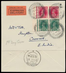 1937 Express Delivery cover franked with KGVI 9p x 2 & 1a x 2 tied by first day of issue "