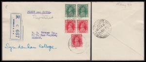 1937 KGVI 9p pair & 1a x 3, SG249-50, Registered Cover addressed to Bombay, tied by First 