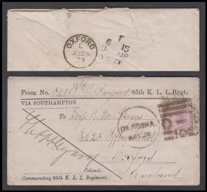 1877 Pre-printed Soldiers letter franked 9p tied by "DILKOOSHA"/"D-1/10" duplex to UK, cou