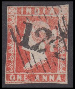 India used in Aden, Lithograph 1a red having "124" numeral strike, close cut, used, Fine.