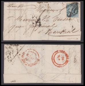 1859 India used in French India, QV ½ a cover tied by C/111 Pondicherry to Karikal with "P