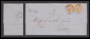 1866 India used French India, EI 2a x 2, yellow, on entire addressed to London from Pondic
