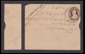 1904 India used in French India, QV ½ a PSE tied by "PONDICHERRY/6 JL 04" cds to Bombay, F