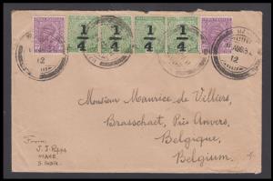 1932 India used in French India, KGV 1/4 on 1/2a x 4 + 1a 3p x 2 tied by "MAHE/11 AUG. 32"