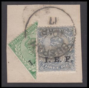 1917 India used in Iraq, KGV IEF ½ a bisect + 3p tied by "BUSRAH/? MAR/17" cancel on piece