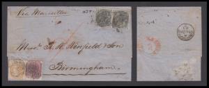 1863 India used in Straits Settlements Singapore, entire bearing QV EI 4a x 2, 8a & 2a tie
