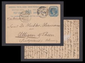 1904 India used in Tranquebar, Danish Settlement, QV 1a PS PC used from Tranquebar to Swit