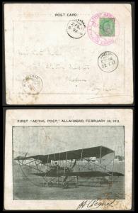 1911 First Aerial Post, Allahabad, February 18, 1911 special illustrated postcard signed "
