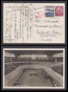 1936 Zeppelin incoming picture postcard from Germany to Simla Hills, Fine Rare.