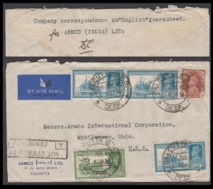 1940 Censored Air Mail cover to USA from Calcutta franked with KGVI 1/2a, 3a & 6a x 2 tied
