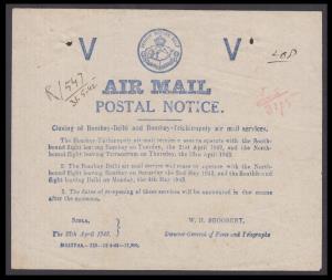 1942 Air Mail Postal Notice, Closing of Bombay - Delhi and Bombay -Trichinopoly air mail s