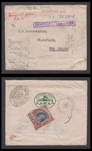 1947 "DAMAGED BY SEA WATER" boxed strike on registered cover franked with KGVI 1R to USA.