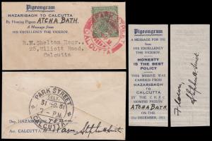 1931 Pigeongram No.2 - 1931 (31st Dec) Hazaribagh to Calcutta by Homing Pigeon "ATCHA BATH