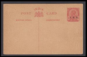 1915 KGV Forces PS PC, 1/4a carmine on buff, ovpt. I.E.F., PV# MPC9, Mint, Fine.