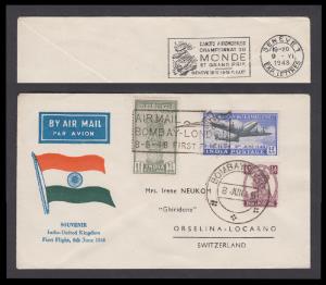 1948 India UK First Flight FDC with additional franking to Switzerland from Bombay, delive