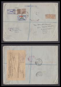 1949 Registered cover to Bombay to USA bearing Jai Hind 3 1/2a, 12a & KGV 1a x 2 adhesives