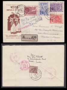 1950 Registered official FDC of Republic of India with set of 4 to USA, forwarded to other