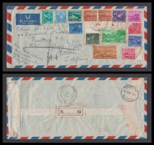 1955 Registered Airmail cover to South Africa from Ooty bearing Five Year series stamps, t